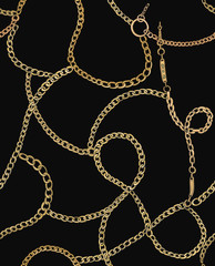 Wall Mural - Gold chains on a black background. Vector seamless pattern.