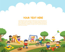 Happy Excited Kids Having Fun Together On Playground. Children Play Outside. Vector Illustration.Template For Advertising Brochure.