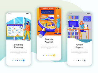Set of onboarding screens user interface kit for Planning, Financial Analysis, Support, mobile app templates concept. Modern UX, UI screen for mobile or responsive web site. Vector illustration.