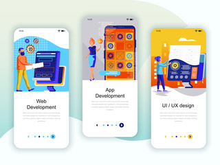 Set of onboarding screens user interface kit for Web and App Development, UI / UX Design, mobile app templates concept. Modern UX, UI screen for mobile or responsive web site. Vector illustration.