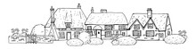 Old English Village Scene. Vector Sketch Hand Drawn Illustration. Cartoon Outline Houses Facades, Fence And Plants Isolated On White Background