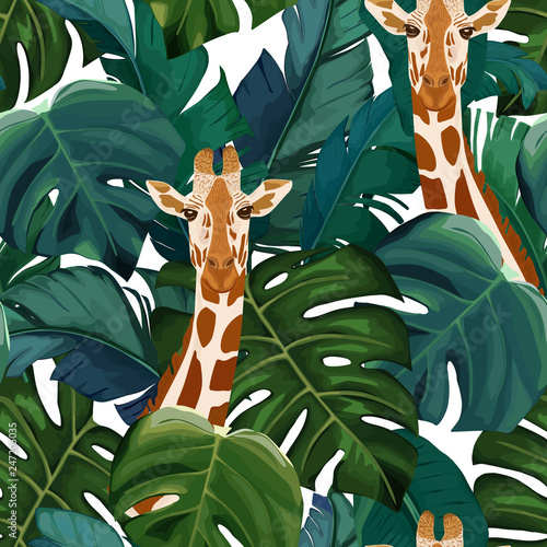 Exotic summer print. Seamless pattern with palm tree, giraffe. Vector illustr...
