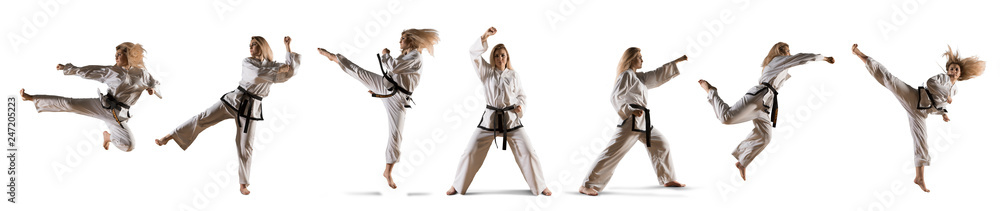 Αφίσα Caucasian female in kimono practicing taekwondo