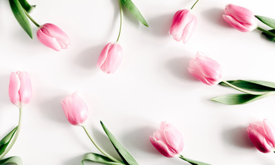 Wall Mural - Flowers composition romantic. Pink flowers tulips on white background. Wedding. Birthday. Happy woman's day. Mothers Day. Valentine's Day. Flat lay, top view, copy space 