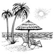 Beach view with palm, lounger and parasol, vector sketch illustration.