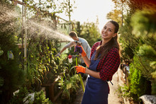 Smiling Girl Gardener Sprays Water Plants In The Beautiful Nursery-garden On A Sunny Day. Working In The Garden