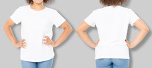 African American Girl In White T Shirt Template And Shadow On Isolated Wall Background. Blank T Shirt Design. Front And Back View. Mock Up And Copy Space. Cropped Image