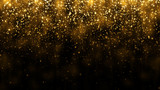 Fototapeta  - Background with falling golden glitter particles. Falling gold confetti with magic light. Beautiful light background