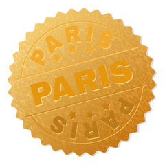 PARIS gold stamp award. Vector gold award with PARIS text. Text labels are placed between parallel lines and on circle. Golden surface has metallic texture.