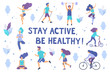 © Svetlana - Healthy lifestyle. Different physical activities: running, roller skates, dancing,  yoga, fitness, scooter, nordic walking. Flat vector illustration.