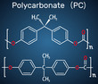 Polycarbonate (PC) thermoplastic polymer molecule. Structural chemical formula on the dark blue background