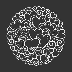 Hand drawn doodle background. Hearts and flowers. Vector illustration