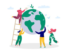 Earth Day Man Save Green Planet Environment. People Of World Water Plant For Ecology Celebration Preparation In April. Nature Globe Ecology Protect Concept Flat Cartoon Vector Illustration