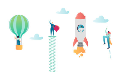 Business People Characters Flying in Air Balloon and Rocket. Super Businessman, Man in Red Cape Career Growth. Solution and Innovation Concept. Vector illustration