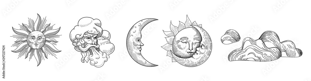 Sun and Moon Vintage Collection. Oriental Style Design with Stars and Celestial Astrological Symbols for Fabric, Wallpaper, Decoration. Vector illustration - obrazy, fototapety, plakaty 