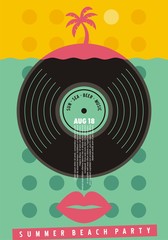 Wall Mural - Summer beach party colorful invitation design. Music poster with vinyl record and tropical beach landscape. Vector illustration.