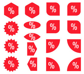 Sticker - Percent sticker set. Red promotion labels. Modern vector flat style illustration isolated on white background. Red promotion labels for new arrivals shop section.