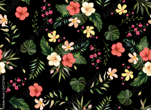 Floral tropical  seamless pattern background with exotic flowers, jungle leav...