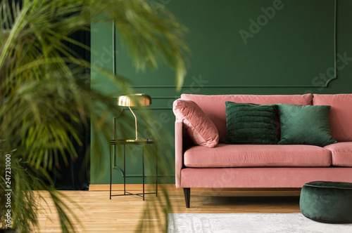 Emerald Green Pillows On Pastel Pink Couch In Stylish Living