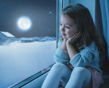 Cute Little Girl Looking At The Moon The Winter Sky