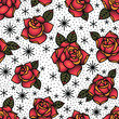 Oldschool Traditional Tattoo Vector Red Roses Seamless Pattern