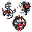 Oldschool Traditional Tattoo Vector Set. Girk, Anchor and Lighthouse