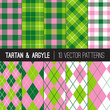 Pink Green Golf Vector Patterns in Argyle, Tartan and Gingham Plaid. Preppy Style Women's Golf Fashion Backgrounds. Birthday Party or Charity Golf Events Decor. Pattern Tile Swatches Included.