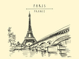 Fototapeta Boho - Eiffel Tower in Paris, France. Vintage hand drawn touristic postcard