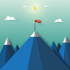 Aufkleber - Paper art of red flag on peak of mountain outdoor landscape background.Business target and success concept.Vector illustration.