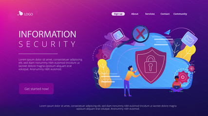 man holding security shield and developer using laptop. data and applications protection, network an