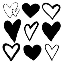 Set Of Black Hand Drawn Hearts On White Background. Design Element For Valentine S Day.
