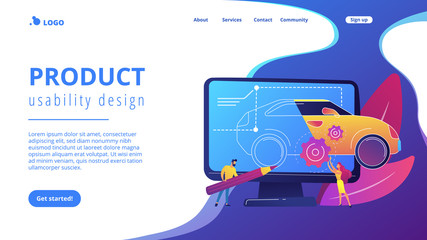 Industrial designers at computer drawing blueprint of modern car. Industrial design, product usability design, ergonomics development concept. Website vibrant violet landing web page template.