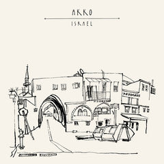 Wall Mural - Akko, Israel. Grungy brush ink hand drawing . Vintage travel postcard template with a hand lettered title