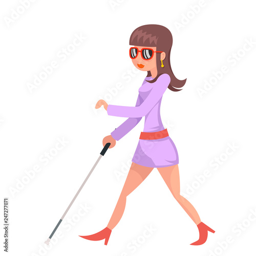 Walking Blind Disabled Woman Stick Confident Gait Female Character