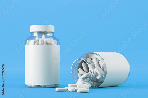 Download Glass Jar With Vitamins On Blue Background Packaging From Under Tablets With Scattered Pills Mock Up 3d Rendering Stock Illustration Adobe Stock