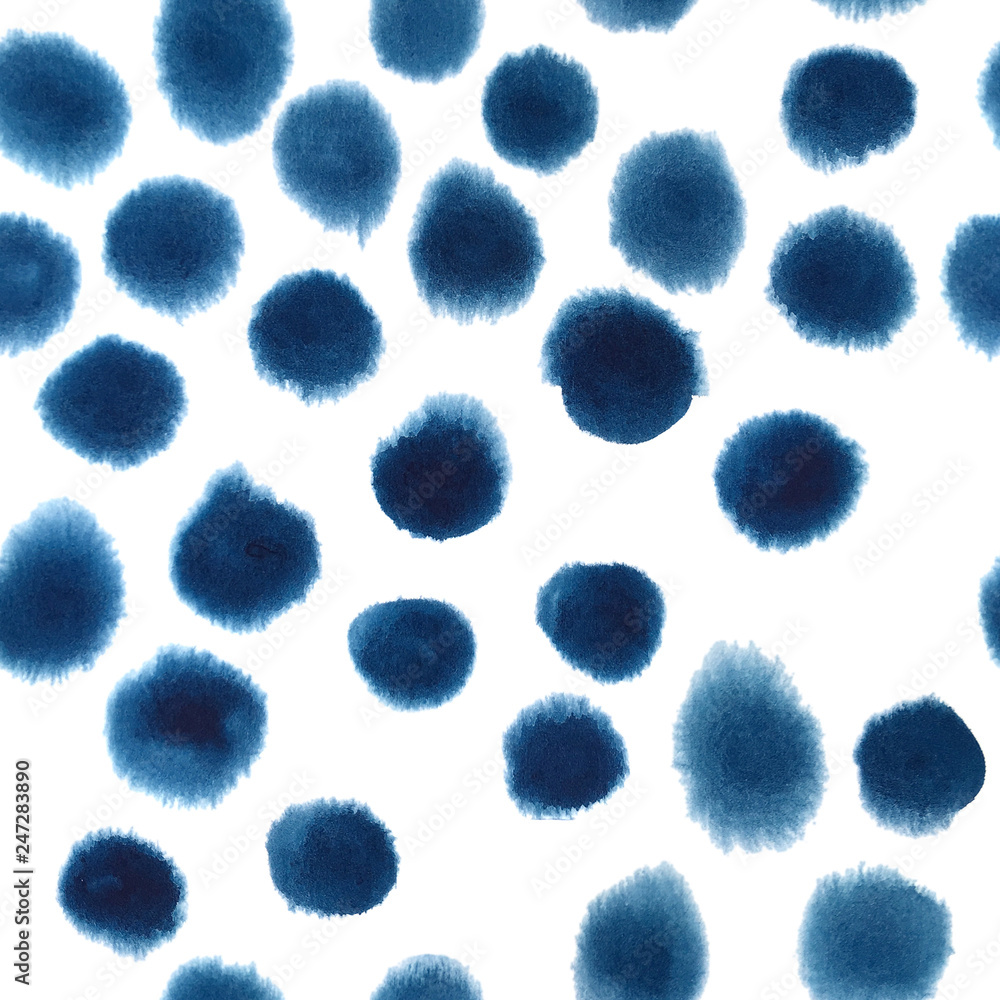 Randomly hand painted indigo blue polka dots. Seamless watercolor ...