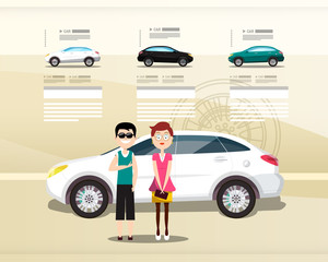 Poster - Car Dealer Web Design Vector Presentation. Cars with Happy People on Modern Leaflet.