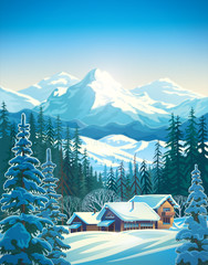 Winter mountain landscape with fir-trees in the foreground with houses similar to shelters for tourists. Raster illustration. 