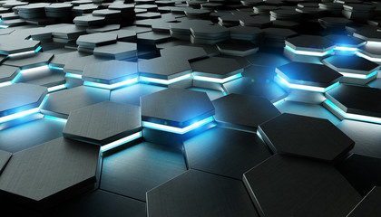 Wall Mural - Black and blue hexagons background pattern 3D rendering