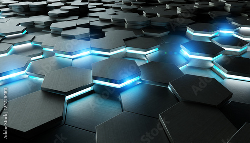 Black and blue hexagons background pattern 3D rendering