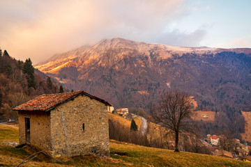 Beautiful view of the Orobie Alps at sunset,north Alps  autumn / winter, the mountain is a little snow-covered ,Oltre il Colle,Seriana Valley,Bergamo Italy.