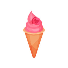 Wall Mural - Ice-cream in waffle cone decorated with pink heart. Tasty dessert. Sweet food. Valentine s day theme. Flat vector icon