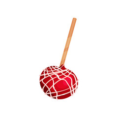 Canvas Print - Flat vector icon of red apple in pink glaze on wooden stick. Tasty dessert for Valentine s day. Sweet holiday food