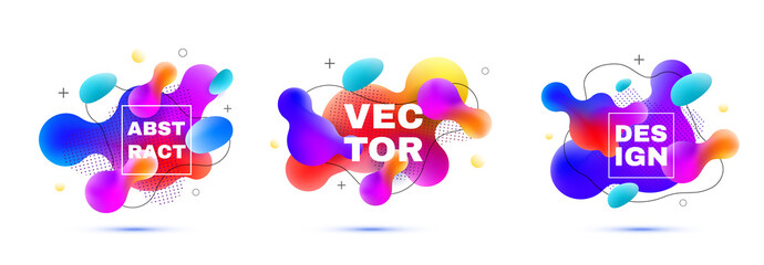 Gradient geometric banners with flowing liquid shapes. Dynamic Fluid design.
