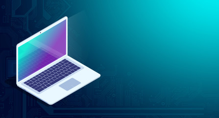 Web development and coding. Cross platform development website. Adaptive layout internet page or web interface on screen laptop, tablet and phone. Isometric concept illustration.
