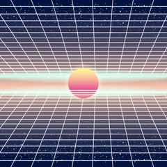 Wall Mural - Synthwave Retro Futuristic Landscape With Sun And Styled Laser Grid. Neon Retrowave Design And Elements Sci-fi 80s 90s Space. Vector Illustration Template Isolated Background