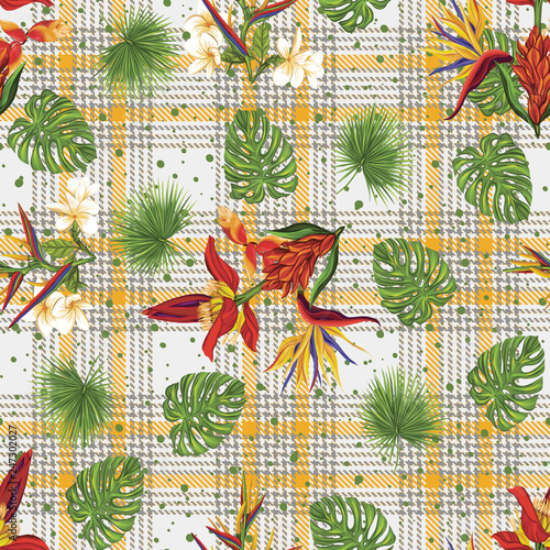 Seamless pattern, background with tropical plants, monstera,strelitzia, bouga...