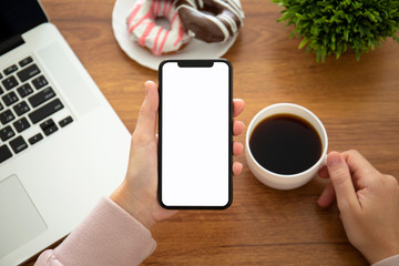 female hands holding phone with isolated screen in the office