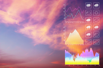 Wall Mural - weather forecast symbol data presentation with graph and chart on sunset evening background.