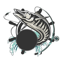 Wahoo Fish. Fishing Logo Vector. Acanthocybium Solandri. Scombrid Fish Jumping Up Fishing Emblem On White Background.